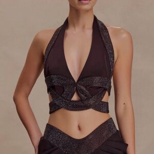 MESHKI - Siren Satin And Diamante Halter Top + skirt - Dark Chocolate